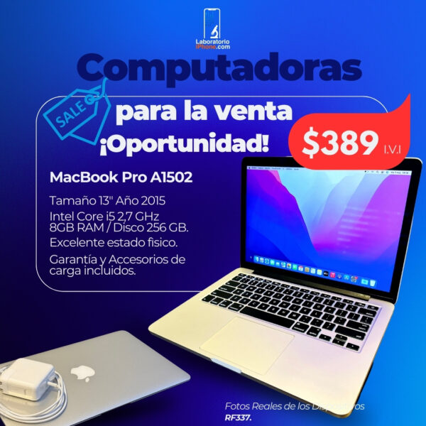 MacBook Pro A1502. 2.7 Ghz Intel Core i5,  Memoria Ram de 8GB, Disco 256 GB. (RF337)