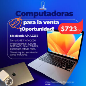 MacBook Air A2337. Procesador M1 3.2 Ghz,  Memoria Ram de 8GB, Disco 256 GB. (RF341)