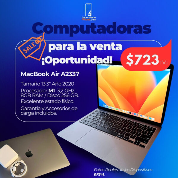 MacBook Air A2337. Procesador M1 3.2 Ghz,  Memoria Ram de 8GB, Disco 256 GB. (RF341)