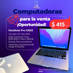 MacBook Pro A1502. 2.7 Ghz Intel Core i5,  Memoria Ram de 8GB, Disco 256 GB. (RF381)