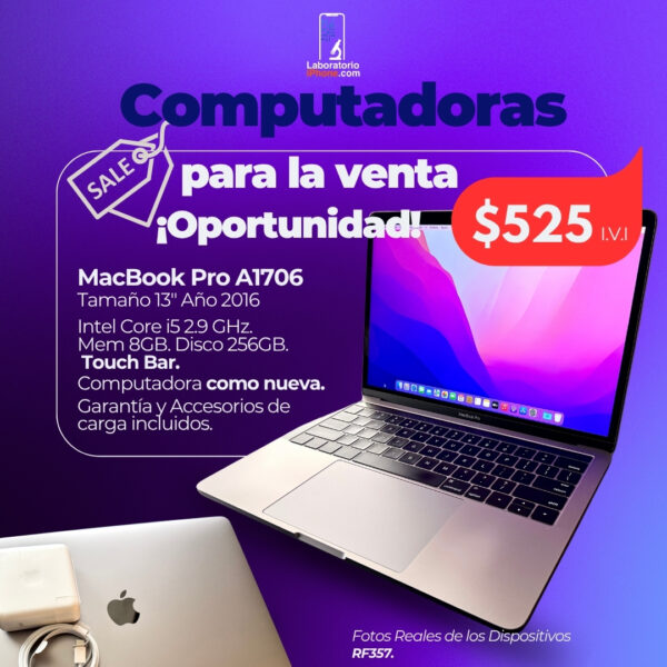 MacBook Pro A1706. 2.9 Ghz Intel Core i5,  Memoria Ram de 8GB, Disco 256GB. (RF357)