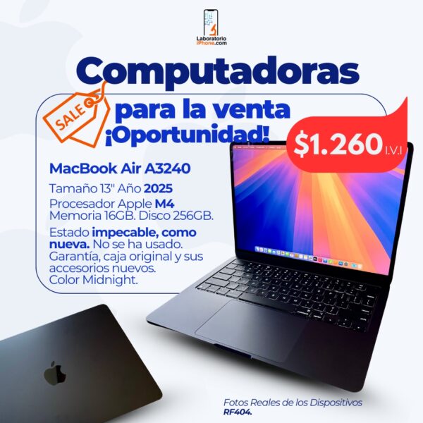 MacBook Air A3240. Procesador M4, Memoria Ram de 16GB, Disco 256GB. (RF404)