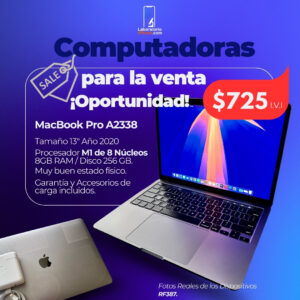 MacBook Pro A2338. Procesador Apple M1, Memoria Ram de 8GB, Disco 256GB. (RF387)