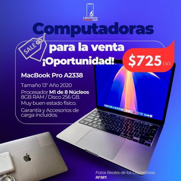 MacBook Pro A2338. Procesador Apple M1, Memoria Ram de 8GB, Disco 256GB. (RF387)