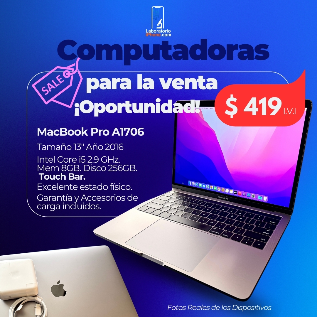 MacBook Pro A1706. 2.9 Ghz Intel Core i5,  Memoria Ram de 8GB, Disco 256GB. (RF423)