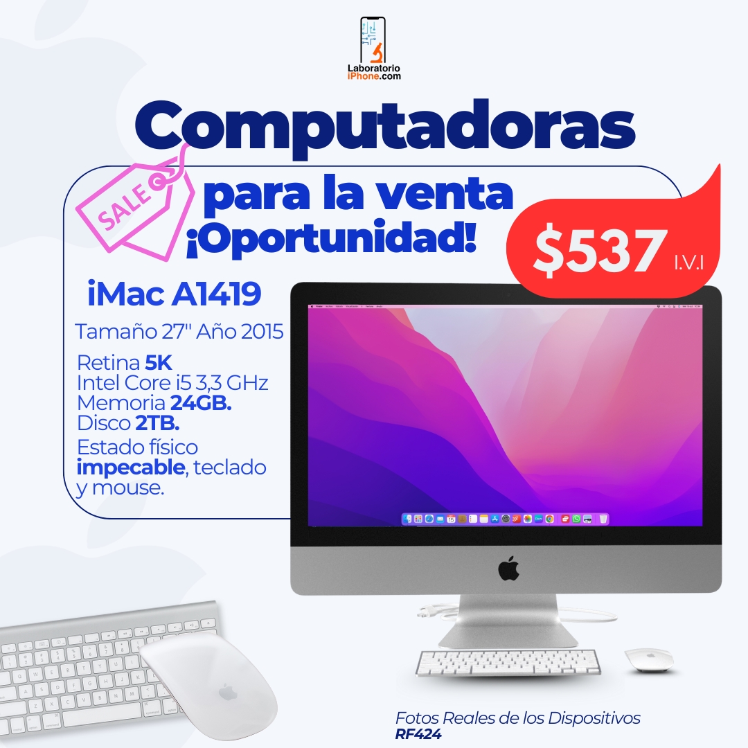 iMac A1419. 27" Retina 5K 3.3 Ghz Intel Core i5,  Mem 24GB, Disco 2TB. (RF424)