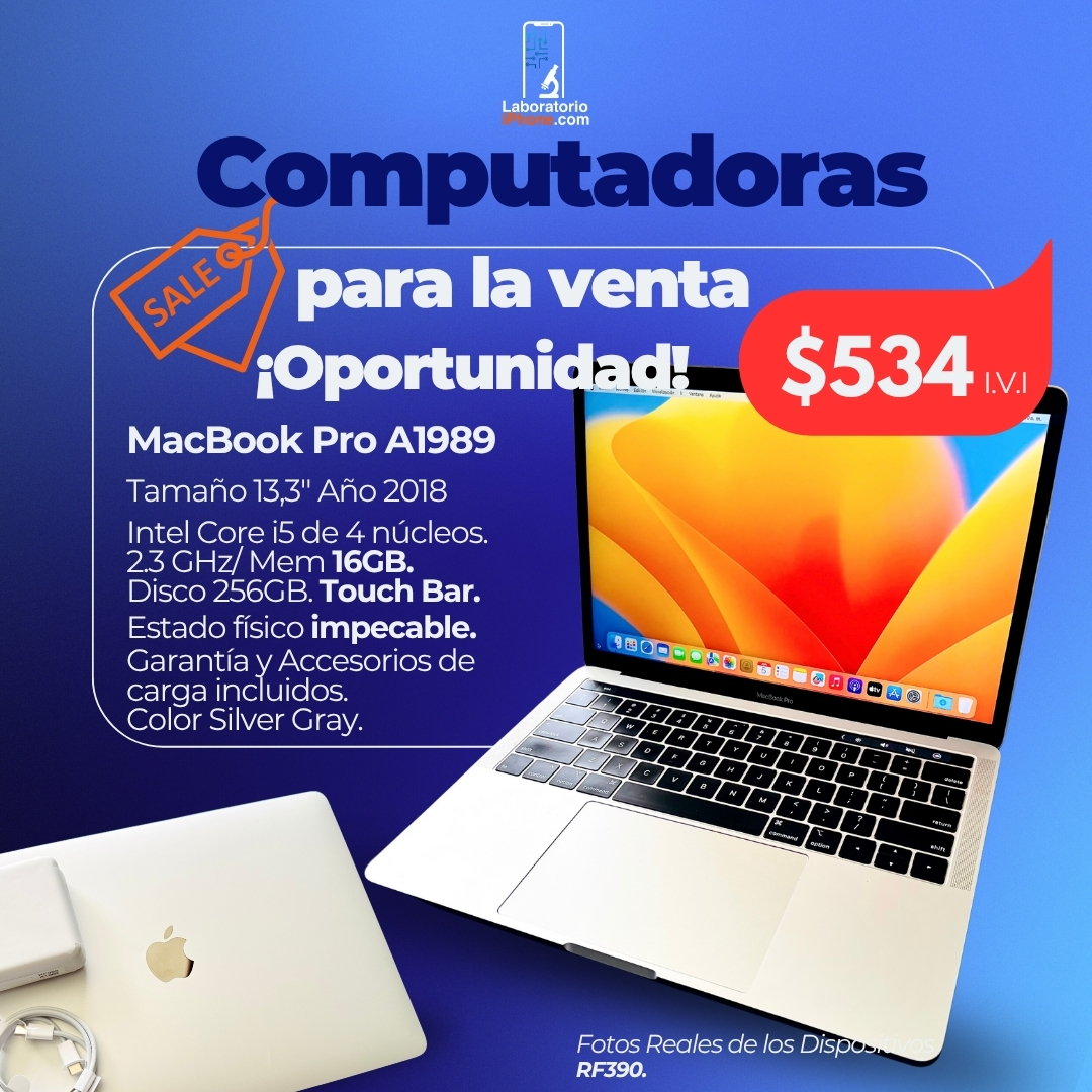 MacBook Pro A1989. 2.3 Ghz Intel Core i5,  Memoria Ram 16GB, Disco 256GB. (RF390)