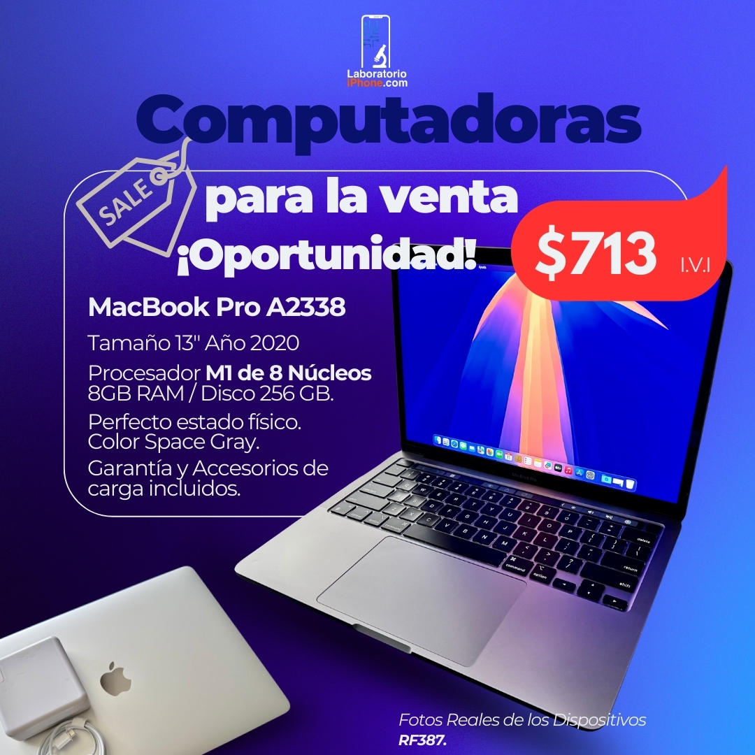 MacBook Pro A2338. Procesador M1 de 8 Núcleos, Memoria Ram 8GB, Disco 256GB. (RF387)